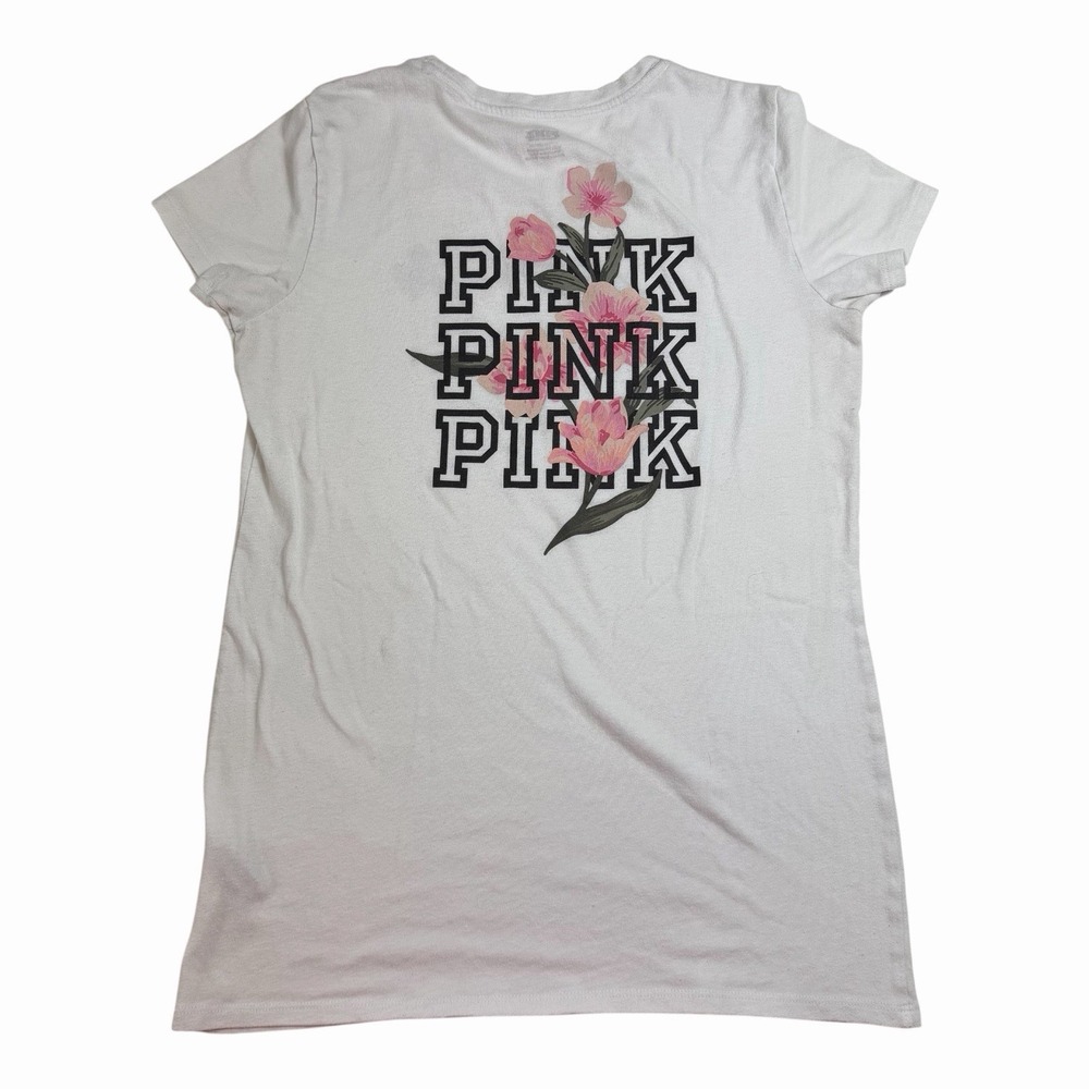 Victoria's Secret PINK Y2K White Floral Logo Tee Size Small Cute Tee